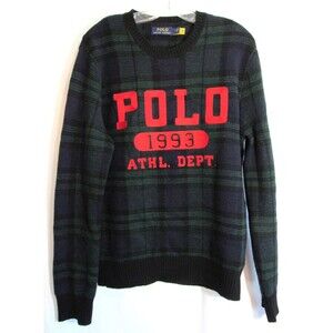 Polo Ralph Lauren Green Plaid Embroidered Logo Wool Vintage Sweater Size S EUC